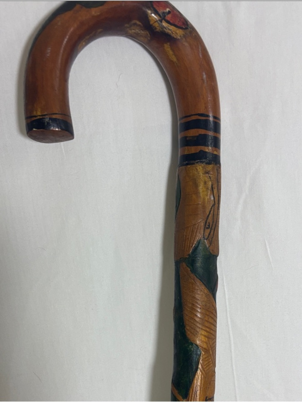 Hand-Carved Wooden Walking Cane  Colorful Inlay tribal native indigenous Mexico